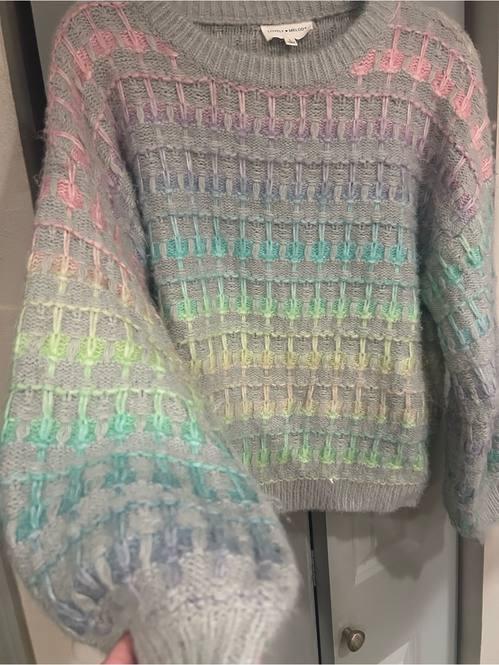 Lovely Melody Gray Crewneck Sweater with Pastel Rainbow Stripes - Picture 2 of 4